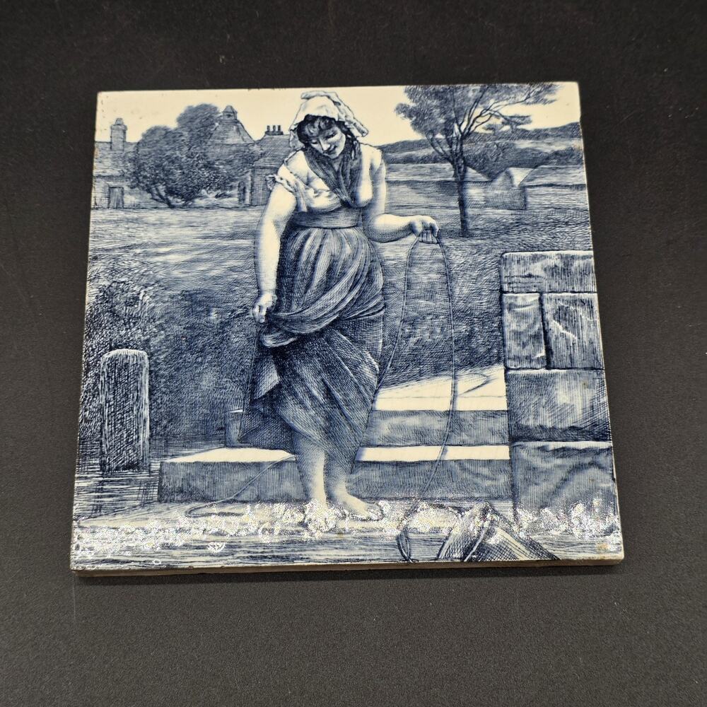 Antique Minton Tile Blue White Transferware Woman at Well Rural Scene
